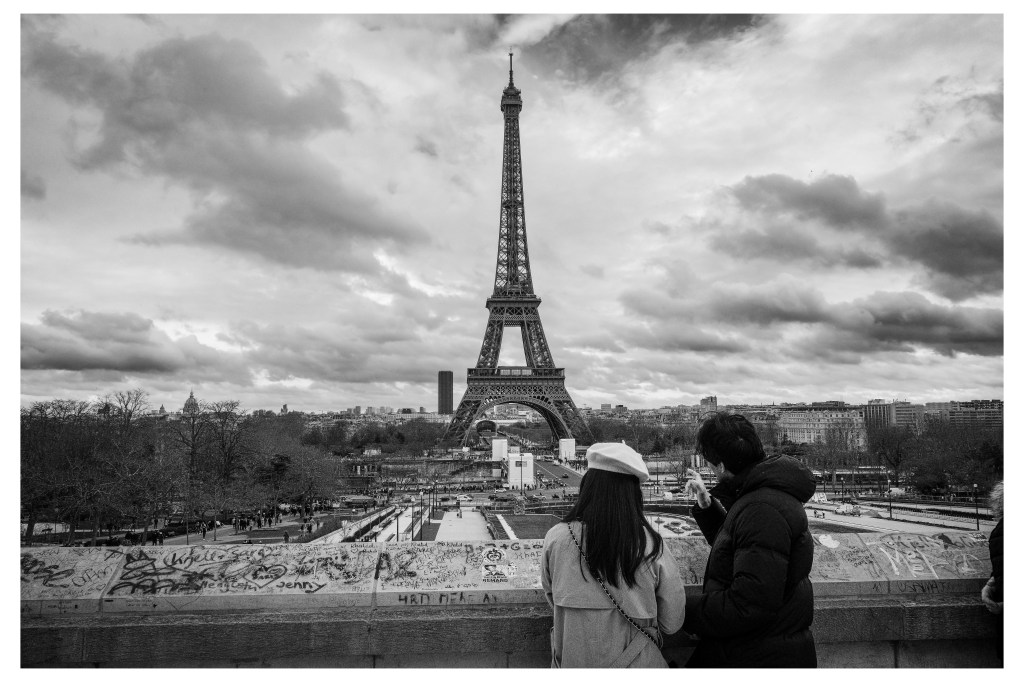 black and white portraits with the Eiffel Tower, Paris
